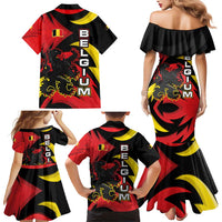 Belgium Family Matching Mermaid Dress and Hawaiian Shirt with Black Red Lion Crest Flag Flame Spirit