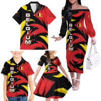 Belgium Family Matching Off The Shoulder Long Sleeve Dress and Hawaiian Shirt with Black Red Lion Crest Flag Flame Spirit