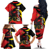 Belgium Family Matching Off The Shoulder Long Sleeve Dress and Hawaiian Shirt with Black Red Lion Crest Flag Flame Spirit