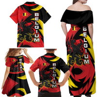 Belgium Family Matching Off Shoulder Maxi Dress and Hawaiian Shirt with Black Red Lion Crest Flag Flame Spirit