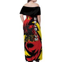 Belgium Family Matching Off Shoulder Maxi Dress and Hawaiian Shirt with Black Red Lion Crest Flag Flame Spirit
