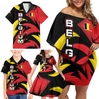 Belgium Family Matching Off Shoulder Short Dress and Hawaiian Shirt with Black Red Lion Crest Flag Flame Spirit