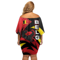 Belgium Family Matching Off Shoulder Short Dress and Hawaiian Shirt with Black Red Lion Crest Flag Flame Spirit