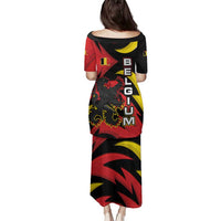 Belgium Family Matching Puletasi and Hawaiian Shirt with Black Red Lion Crest Flag Flame Spirit