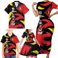 Belgium Family Matching Short Sleeve Bodycon Dress and Hawaiian Shirt with Black Red Lion Crest Flag Flame Spirit