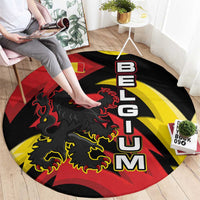 Belgium Round Carpet with Black Red Lion Crest Flag Flame Spirit