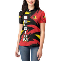Belgium Women Polo Shirt with Black Red Lion Crest Flag Flame Spirit