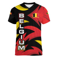 Belgium Women V-Neck T-Shirt with Black Red Lion Crest Flag Flame Spirit