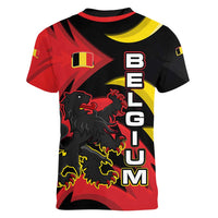 Belgium Women V-Neck T-Shirt with Black Red Lion Crest Flag Flame Spirit