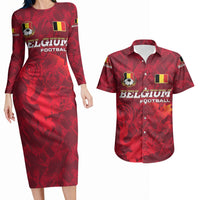 Belgium Couples Matching Long Sleeve Bodycon Dress and Hawaiian Shirt with Football Red Map Crest Rose Spirit