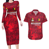 Belgium Couples Matching Long Sleeve Bodycon Dress and Hawaiian Shirt with Football Red Map Crest Rose Spirit