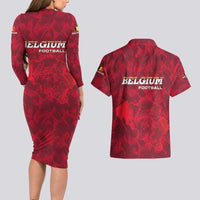 Belgium Couples Matching Long Sleeve Bodycon Dress and Hawaiian Shirt with Football Red Map Crest Rose Spirit