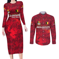 Belgium Couples Matching Long Sleeve Bodycon Dress and Long Sleeve Button Shirt with Football Red Map Crest Rose Spirit