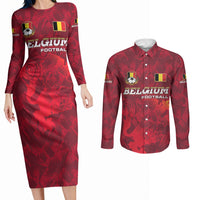Belgium Couples Matching Long Sleeve Bodycon Dress and Long Sleeve Button Shirt with Football Red Map Crest Rose Spirit