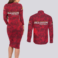 Belgium Couples Matching Long Sleeve Bodycon Dress and Long Sleeve Button Shirt with Football Red Map Crest Rose Spirit