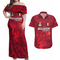 Belgium Couples Matching Off Shoulder Maxi Dress and Hawaiian Shirt with Football Red Map Crest Rose Spirit