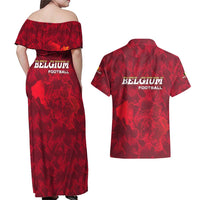 Belgium Couples Matching Off Shoulder Maxi Dress and Hawaiian Shirt with Football Red Map Crest Rose Spirit