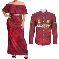 Belgium Couples Matching Off Shoulder Maxi Dress and Long Sleeve Button Shirt with Football Red Map Crest Rose Spirit
