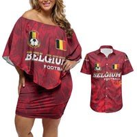 Belgium Couples Matching Off Shoulder Short Dress and Hawaiian Shirt with Football Red Map Crest Rose Spirit