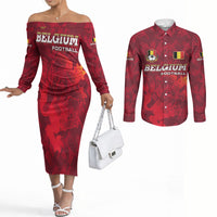 Belgium Couples Matching Off The Shoulder Long Sleeve Dress and Long Sleeve Button Shirt with Football Red Map Crest Rose Spirit