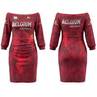 Belgium Couples Matching Off The Shoulder Long Sleeve Dress and Long Sleeve Button Shirt with Football Red Map Crest Rose Spirit TS04
