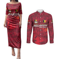 Belgium Couples Matching Puletasi and Long Sleeve Button Shirt with Football Red Map Crest Rose Spirit