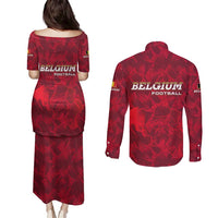 Belgium Couples Matching Puletasi and Long Sleeve Button Shirt with Football Red Map Crest Rose Spirit