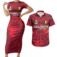 Belgium Couples Matching Short Sleeve Bodycon Dress and Hawaiian Shirt with Football Red Map Crest Rose Spirit