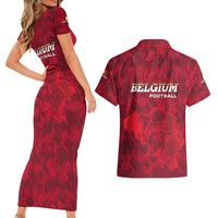 Belgium Couples Matching Short Sleeve Bodycon Dress and Hawaiian Shirt with Football Red Map Crest Rose Spirit