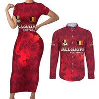 Belgium Couples Matching Short Sleeve Bodycon Dress and Long Sleeve Button Shirt with Football Red Map Crest Rose Spirit