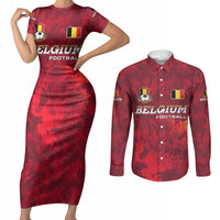 Belgium Couples Matching Short Sleeve Bodycon Dress and Long Sleeve Button Shirt with Football Red Map Crest Rose Spirit