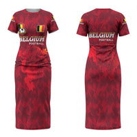 Belgium Couples Matching Short Sleeve Bodycon Dress and Long Sleeve Button Shirt with Football Red Map Crest Rose Spirit TS04