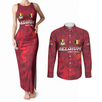 Belgium Couples Matching Tank Maxi Dress and Long Sleeve Button Shirt with Football Red Map Crest Rose Spirit