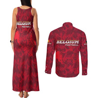 Belgium Couples Matching Tank Maxi Dress and Long Sleeve Button Shirt with Football Red Map Crest Rose Spirit