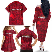 Belgium Family Matching Off The Shoulder Long Sleeve Dress and Hawaiian Shirt with Football Red Map Crest Rose Spirit
