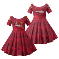 Belgium Family Matching Off The Shoulder Long Sleeve Dress and Hawaiian Shirt with Football Red Map Crest Rose Spirit