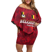 Belgium Family Matching Off Shoulder Short Dress and Hawaiian Shirt with Football Red Map Crest Rose Spirit