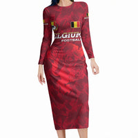 Belgium Long Sleeve Bodycon Dress with Football Red Map Crest Rose Spirit