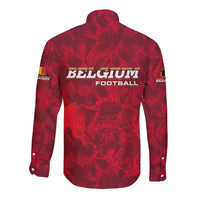 Belgium Long Sleeve Button Shirt with Football Red Map Crest Rose Spirit