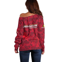 Belgium Off Shoulder Sweater with Football Red Map Crest Rose Spirit