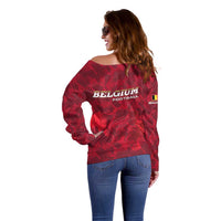 Belgium Off Shoulder Sweater with Football Red Map Crest Rose Spirit