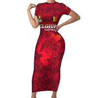 Belgium Short Sleeve Bodycon Dress with Football Red Map Crest Rose Spirit
