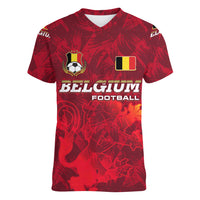 Belgium Women V-Neck T-Shirt with Football Red Map Crest Rose Spirit