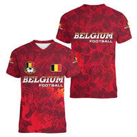 Belgium Women V-Neck T-Shirt with Football Red Map Crest Rose Spirit