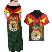 Belgium Couples Matching Off Shoulder Maxi Dress and Hawaiian Shirt with Royal Coat of Arms Crown Lion Red Green Checker Spirit