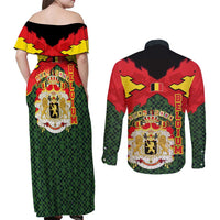 Belgium Couples Matching Off Shoulder Maxi Dress and Long Sleeve Button Shirt with Royal Coat of Arms Crown Lion Red Green Checker Spirit