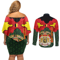 Belgium Couples Matching Off Shoulder Short Dress and Long Sleeve Button Shirt with Royal Coat of Arms Crown Lion Red Green Checker Spirit
