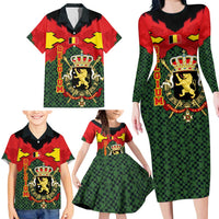 Belgium Family Matching Long Sleeve Bodycon Dress and Hawaiian Shirt with Royal Coat of Arms Crown Lion Red Green Checker Spirit