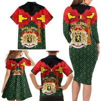 Belgium Family Matching Long Sleeve Bodycon Dress and Hawaiian Shirt with Royal Coat of Arms Crown Lion Red Green Checker Spirit