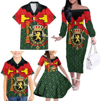 Belgium Family Matching Off The Shoulder Long Sleeve Dress and Hawaiian Shirt with Royal Coat of Arms Crown Lion Red Green Checker Spirit